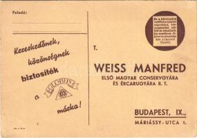 Weiss Manfred első magyar conservgyára (konzerv gyár) és ércárugyára, Globus márka, reklám. Budapest, Máriássy utca 1. / Hungarian cannery advertisement (EK)