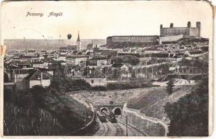 1916 Pozsony, Pressburg, Bratislava; Vasúti alagút, gőzmozdony, vonat, vár, régi ortodox zsinagóga / railway tunnel, locomotive, train, castle, synagogue (EM)