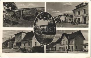 Volóc, Volovec, Volovets; Kisszolyvai viadukt, vasúti híd, Fő utca, Cikta üzlet, Szövetkezeti szálló, vasútállomás, létra / railway bridge, viaduct in Skotarska, main street with shops, hotel, railway station, ladder (EK)