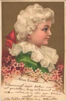 1901 Barokk gyerek virágokkal, litho 1901 Baroque child art postcard. Floral, litho