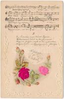 1900 Emb. silk roses with music sheet. Floral, litho (EK)