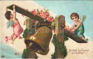 1907 Boldog karácsonyi ünnepeket! / Christmas greeting art postcard, angels with bell. EAS. Emb. Floral, litho (apró lyuk / tiny pinhole)