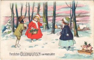 Herzlichen Glückwunsch zum neuen Jahre / New Year greeting art postcard, children with pigs