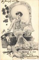 1905 Boldog Újévet! / New Year greeting art postcard, lady with pigs, horseshoe and clovers. K.V.I.B. 12. Serie 685. (EK)