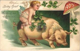1905 Boldog Újévet! / New Year greeting art postcard, angel with pig, clovers and mushroom. Emb. litho