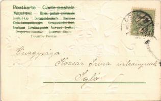 1905 Boldog Újévet! / New Year greeting art postcard, angel with pig, clovers and mushroom. Emb. lit...