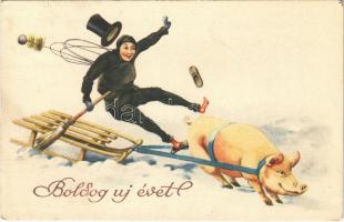 1935 Boldog Újévet! / New Year greeting art postcard, chimney sweeper with pig. L&P. 8757. (EK)