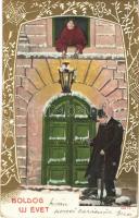 1904 Boldog Újévet! / New Year greeting art postcard, drunk man. Art Nouveau golden Emb. frame (apró lyuk / tiny pinhole)