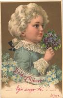 1901 Boldog Újévet! / New Year greeting art postcard, Baroque child with flowers. Floral, litho
