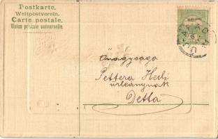 1905 Boldog Újévet! / New Year greeting art postcard, clovers and mushroom. Emb. golden litho