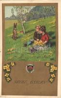 Frohe Ostern / Easter greeting art postcard, romantic children couple with rabbit. Deutscher Schulverein Karte Nr. 157. (kis szakadás / small tear)