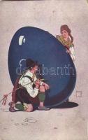 Easter greeting art postcard, romantic couple with egg, folklore. D.K. & Co. P. 928. s: Oplatek (EB)