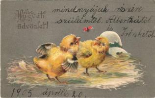 1905 Húsvéti üdvözlet! / Easter greeting art postcard with chicken. Emb. litho (EK)