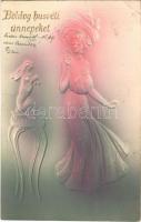 1905 Boldog húsvéti ünnepeket! / Easter greeting art postcard, lady with rabbit. Emb. (EK)