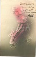 1905 Boldog húsvéti ünnepeket! / Easter greeting art postcard, lady with rabbit. Emb.