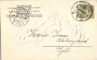 1905 Boldog húsvéti ünnepeket! / Easter greeting art postcard, lady with rabbit. Emb