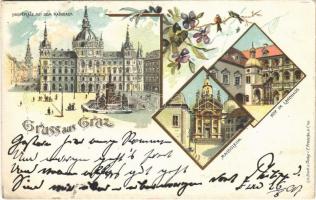 1897 (Vorläufer) Graz, Hauptplatz, Rathhaus, Mausoleum, Hof im Landhaus / main square, town hall, mausoleum, courtyard. E. Presuhn Art Nouveau, floral, litho (EB)