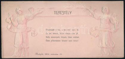 1904 Szecessziós dombornyomott meghívó budafoki teaestélyre. 20x10 cm