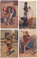 4 db RÉGI folklór motívum képeslap: bosnyák népviselet / 4 pre-1945 folklore motive postcards: Bosnia. Pinxit. Bozzarich