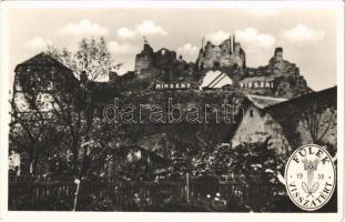 Fülek, Filakovo; vár Mindent vissza! irredenta felirattal és magyar címerrel. Fülek visszatért. Fenyves Andor kiadása / Filakovsky hrad / castle with Hungarian coat of arms and irredenta propaganda