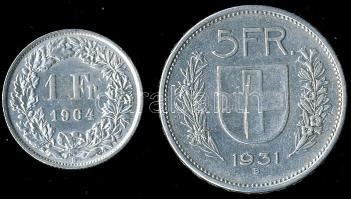 Svájc 1931. 5Fr Ag T:2-/3+ + 1964. 1Fr Ag T:2+