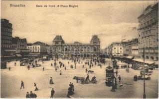 1910 Bruxelles, Brussels; Gare du Nord et Place Rogier / railway station, square, tram, automobiles + "Brussel-Tentoonstelling 1910 Bruxelles Exposition" So. Stpl.