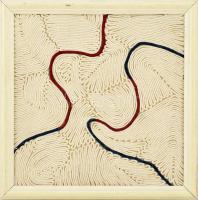 Müller Rita (1974-): Tektónika. Textilfonal, karton. Jelzett a hátoldalán. Fa keretben. 19x19 cm. Ki...