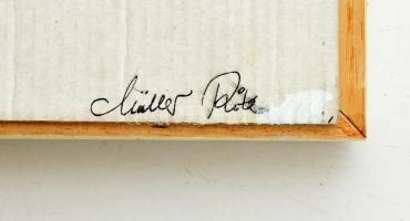 Müller Rita (1974-): Tektónika. Textilfonal, karton. Jelzett a hátoldalán. Fa keretben. 19x19 cm. Ki...