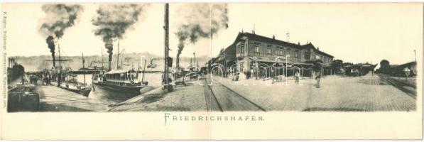 Friedrichshafen, Bahnhof Wirtschaft / port, steamships, railway station restaurant. Folding panoramacard