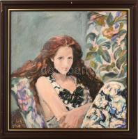 Véghseő Klára (1953-): Vörös hajú lány, 1996. Olaj, farost, jelzett. Fa keretben, 60×60 cm. Kiállítv...