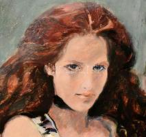 Véghseő Klára (1953-): Vörös hajú lány, 1996. Olaj, farost, jelzett. Fa keretben, 60×60 cm. Kiállítv...