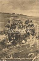 Kavalleriepatrouille, feindliches Flugzeug beschlagnahmend / WWI German military art postcard s: Court Barber