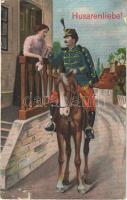 Husarenliebe! / WWI Austro-Hungarian K.u.K. military art postcard, hussar's love (fl)