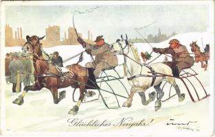 1914 Glückliches Neujahr! / New Year greeting art postcard, horse racing. B.K.W.I. 560-2. s: Schönpflug