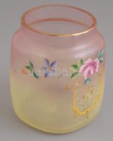 Antik virágmintás üveg váza, kis kopásnyomokkal, m: 10 cm