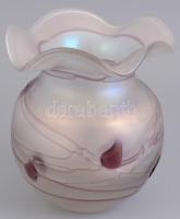 Irizáló üveg váza, lila díszítéssel, kis kopásnyomokkal, m: 13,5 cm