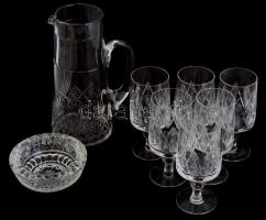 6 db metszett üveg pohár kancsóval, hibátlan, m: 14,5 cm, 22,5 cm + üveg hamutál, hibátlan, d: 12 cm
