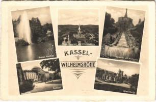 1943 Kassel, Wilhelmshöhe, Grosse Fontäne, Gesamtansicht, Herkules mit Kaskaden, Schloss, Löwenburg / large fountains, park, Hercules statue, monument, castle + Feldpost