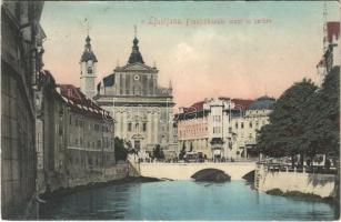 1906 Ljubljana, Laibach; Franciskanski most in cerkev / bridge, church, tram (crease)