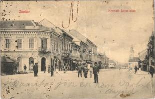 1909 Zombor, Sombor; Kossuth Lajos utca, Falcione Gyula üzlete, csendőr / street view, shops, gendarme (fa)