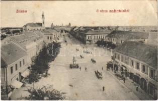 1907 Zombor, Sombor; Madártávlatból, üzletek. Kaufmann Emil kiadása / general view, shops (EB)