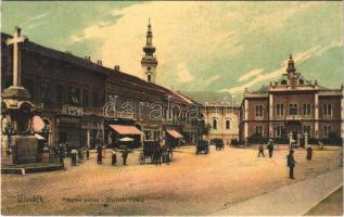 1908 Újvidék, Novi Sad; Püspöki palota, Raab Károly üzlete, lovaskocsi / Bischofs Palais / Serbian Orthodox bishop's palace, shops, horse-drawn carriages (EK)