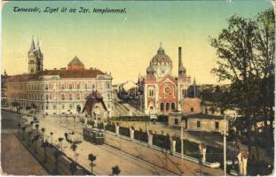 1916 Temesvár, Timisoara; Liget út az Izraelita templommal, zsinagóga, villamos / street view, synagogue, tram (EB)