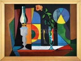 Óvári László (1926-88): Csendélet. Olaj, farost, jelzett. Hátoldalán Képcsarnok Vállalat címkéjével....