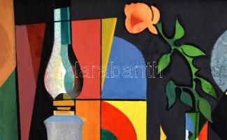 Óvári László (1926-88): Csendélet. Olaj, farost, jelzett. Hátoldalán Képcsarnok Vállalat címkéjével....