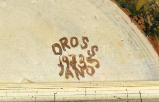Orosz János (1932-2019): Cirkuszosok, 1973. Olaj, farost, jelzett. Hátoldalán autográf felirattal. F...
