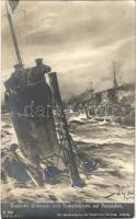 Deutsche Untersee- und Torpedoboote auf Vorposten. Kaiserliche Marine / German Imperial Navy art postcard, submarine and topedo boats s: Prof. Willy Stöwer