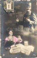 1915 Boldog újévet! Osztrák-magyar katona és szerelme / WWI K.u.K. military New Year greeting, soldier with his lover, romantic