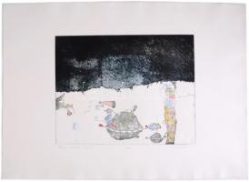 Makó Judit (1954-): Szívem dobogva ver .... Rézkarc, akvarell, merített papír, jelzett, számozott (17/20), 30×39 cm