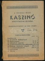 1943 A Nyíregyházi Kaszinó Könyvtárának jegyzéke. Összeáll.: az 1943. évben. Nyíregyháza,[1943], Orosz Károly-ny., 130 p. Kiadói papírkötés, kissé szakadt borítóval, aláhúzásokkal. Dienes István (1929-1995) régész, muzeológus névbejegyzésével, és neki szóló ajándékozási sorokkal. Az aláhúzások között Dienes István által írt könyvvel is.